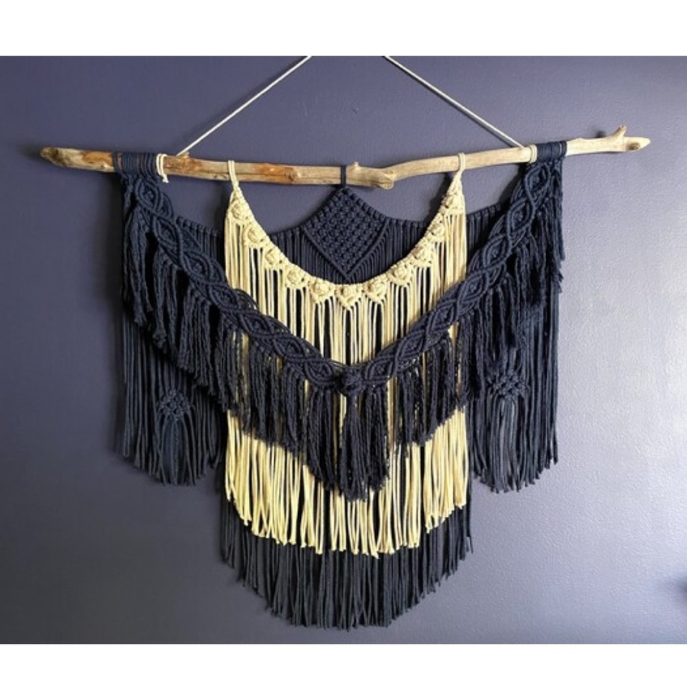 Macrame wall hanging on driftwood